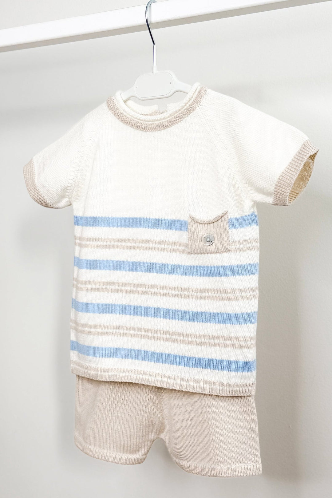 M&amp;J x Granlei "Albie" Stone &amp; Blue Stripe Knit T-Shirt &amp; Shorts - Millie and John