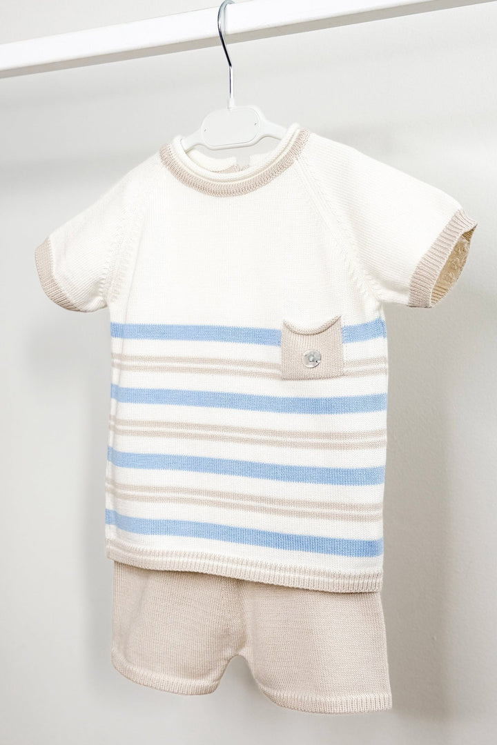 M&amp;J x Granlei "Albie" Stone &amp; Blue Stripe Knit T-Shirt &amp; Shorts - Millie and John