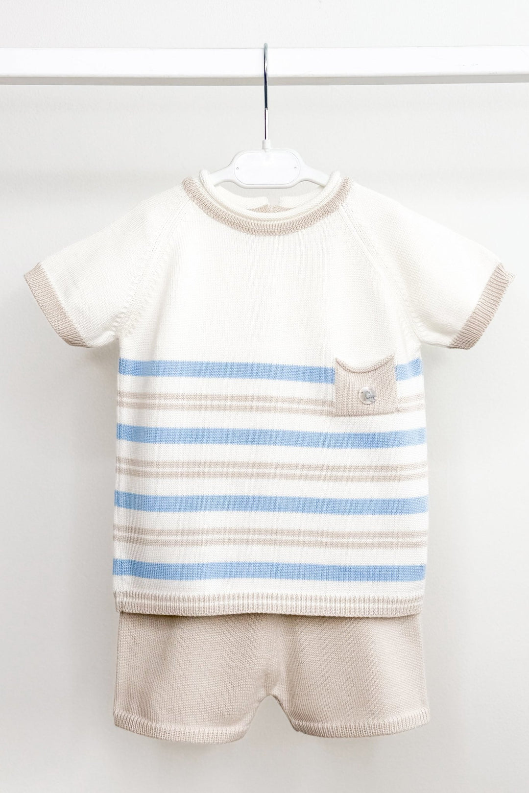 M&amp;J x Granlei "Albie" Stone &amp; Blue Stripe Knit T-Shirt &amp; Shorts - Millie and John