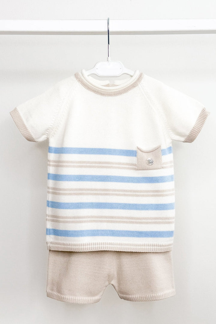 M&amp;J x Granlei "Albie" Stone &amp; Blue Stripe Knit T-Shirt &amp; Shorts - Millie and John
