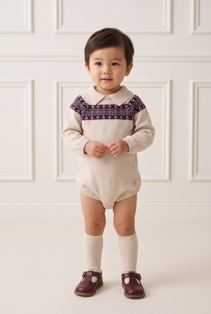 M&amp;J x Granlei "Albie" Stone Fair Isle Knitted Romper - Millie and John