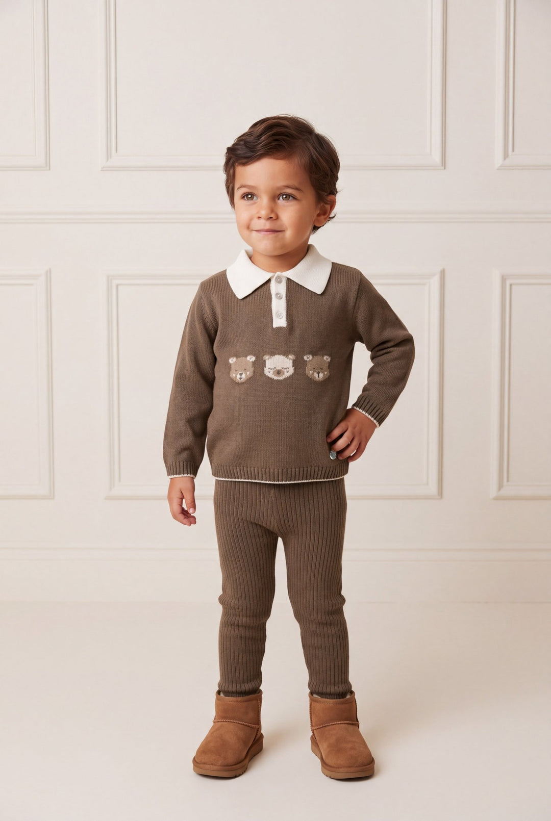 M&amp;J x Granlei "Alistair" Chocolate Brown Teddy Bear Knitted Polo Shirt &amp; Leggings - Millie and John