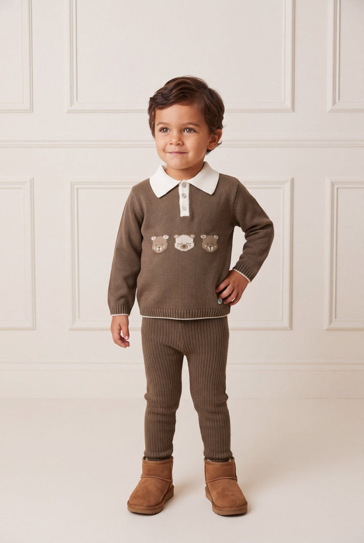 M&amp;J x Granlei "Alistair" Chocolate Brown Teddy Bear Knitted Polo Shirt &amp; Leggings - Millie and John