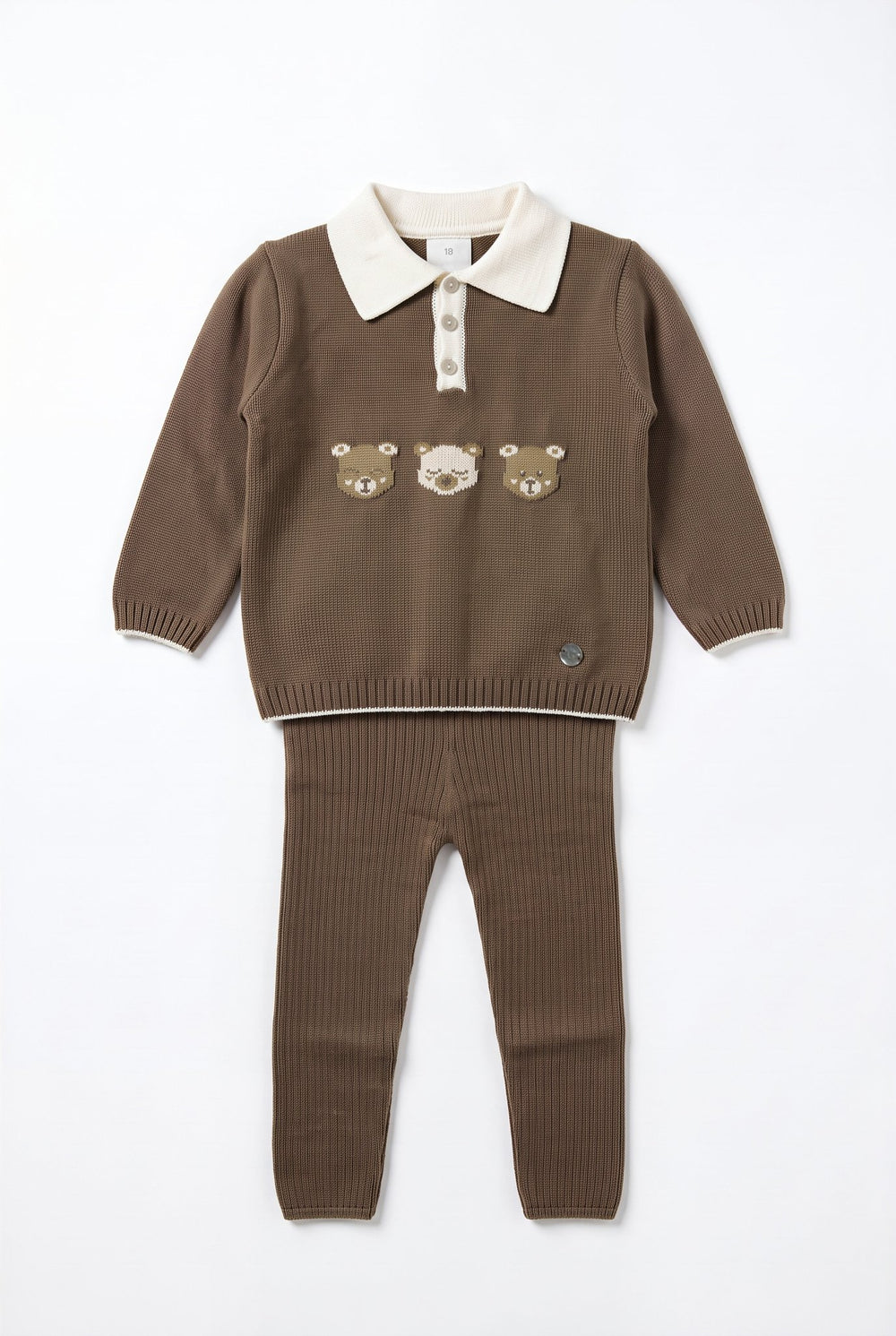 M&J x Granlei "Alistair" Chocolate Brown Teddy Bear Knitted Polo Shirt & Leggings - Millie and John