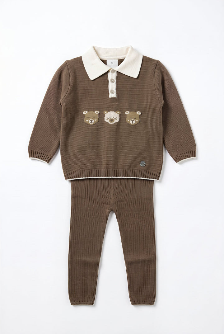 M&amp;J x Granlei "Alistair" Chocolate Brown Teddy Bear Knitted Polo Shirt &amp; Leggings - Millie and John