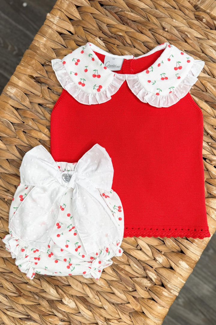 M&amp;J x Granlei "Alora" Red Knit Cherry Top &amp; Bloomers - Millie and John
