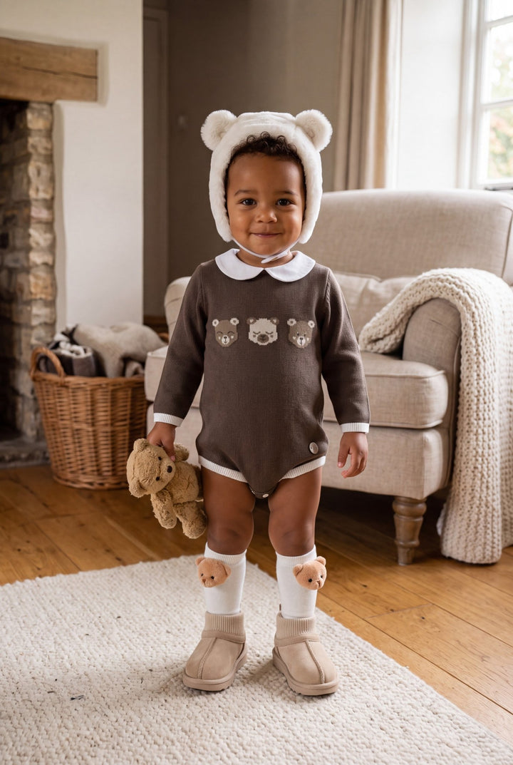 M&amp;J x Granlei "Barnaby" Chocolate Brown Teddy Bear Knitted Romper - Millie and John