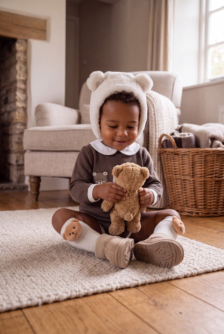 M&amp;J x Granlei "Barnaby" Chocolate Brown Teddy Bear Knitted Romper - Millie and John