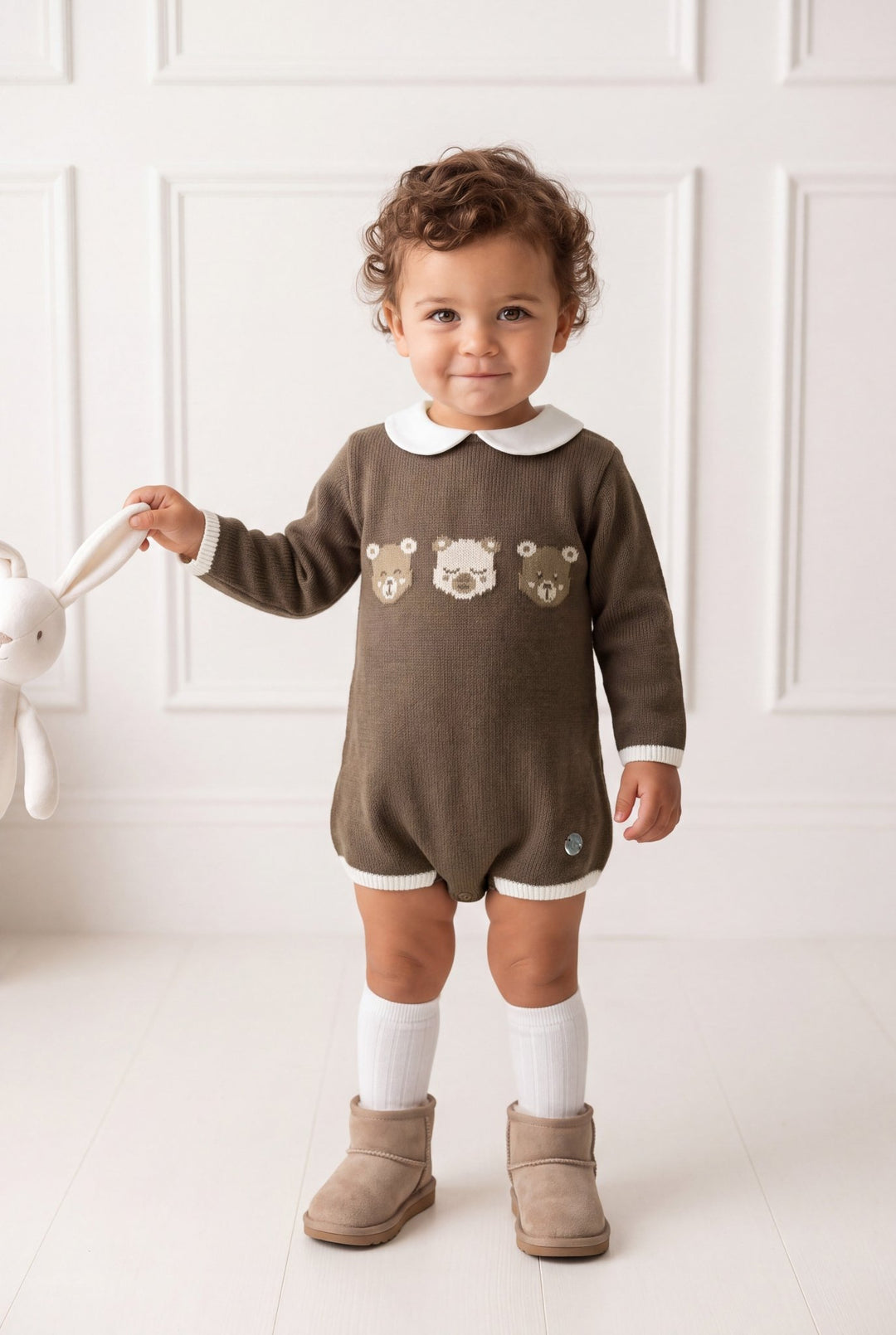 M&amp;J x Granlei "Barnaby" Chocolate Brown Teddy Bear Knitted Romper - Millie and John