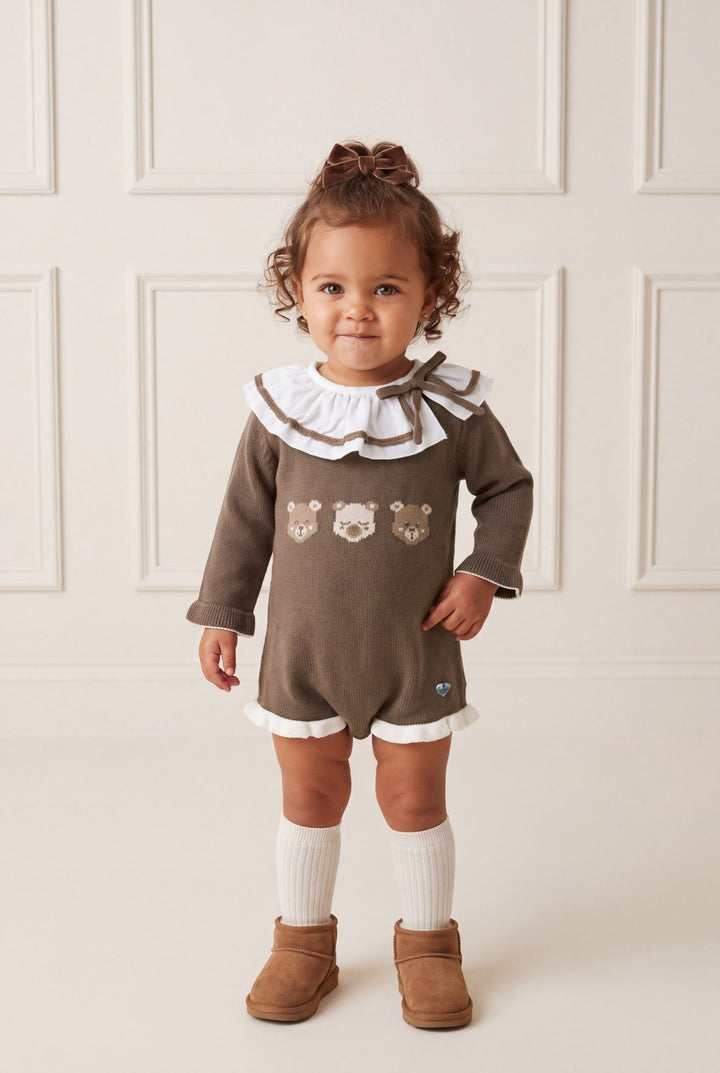 M&amp;J x Granlei "Beatrix" Chocolate Brown Teddy Bear Knitted Romper - Millie and John