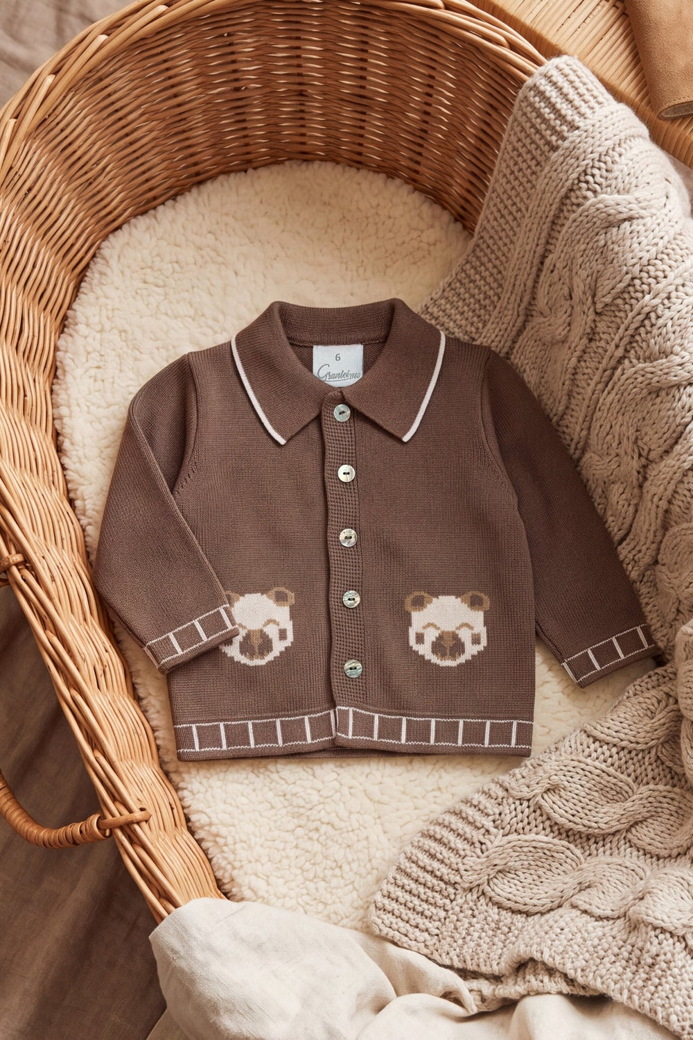 M&J x Granlei "Bertie" Chocolate Brown Teddy Bear Knitted Cardigan - Millie and John