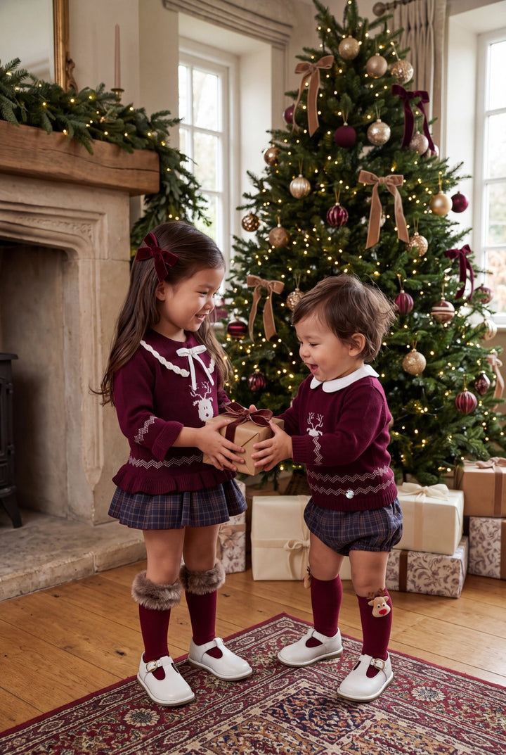 M&amp;J x Granlei "Caspar" Burgundy Reindeer Knitted Top &amp; Tartan Jam Pants - Millie and John