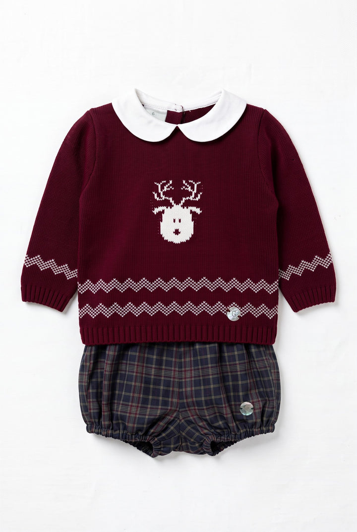 M&amp;J x Granlei "Caspar" Burgundy Reindeer Knitted Top &amp; Tartan Jam Pants - Millie and John