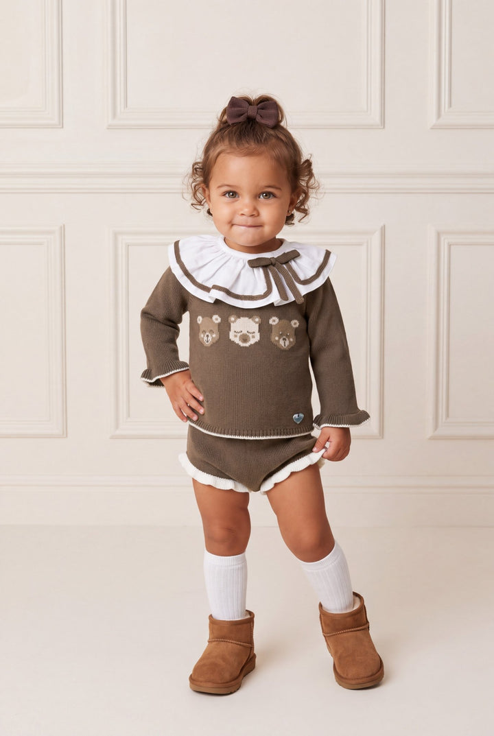 M&amp;J x Granlei "Clementine" Chocolate Brown Teddy Bear Knitted Top &amp; Bloomers - Millie and John