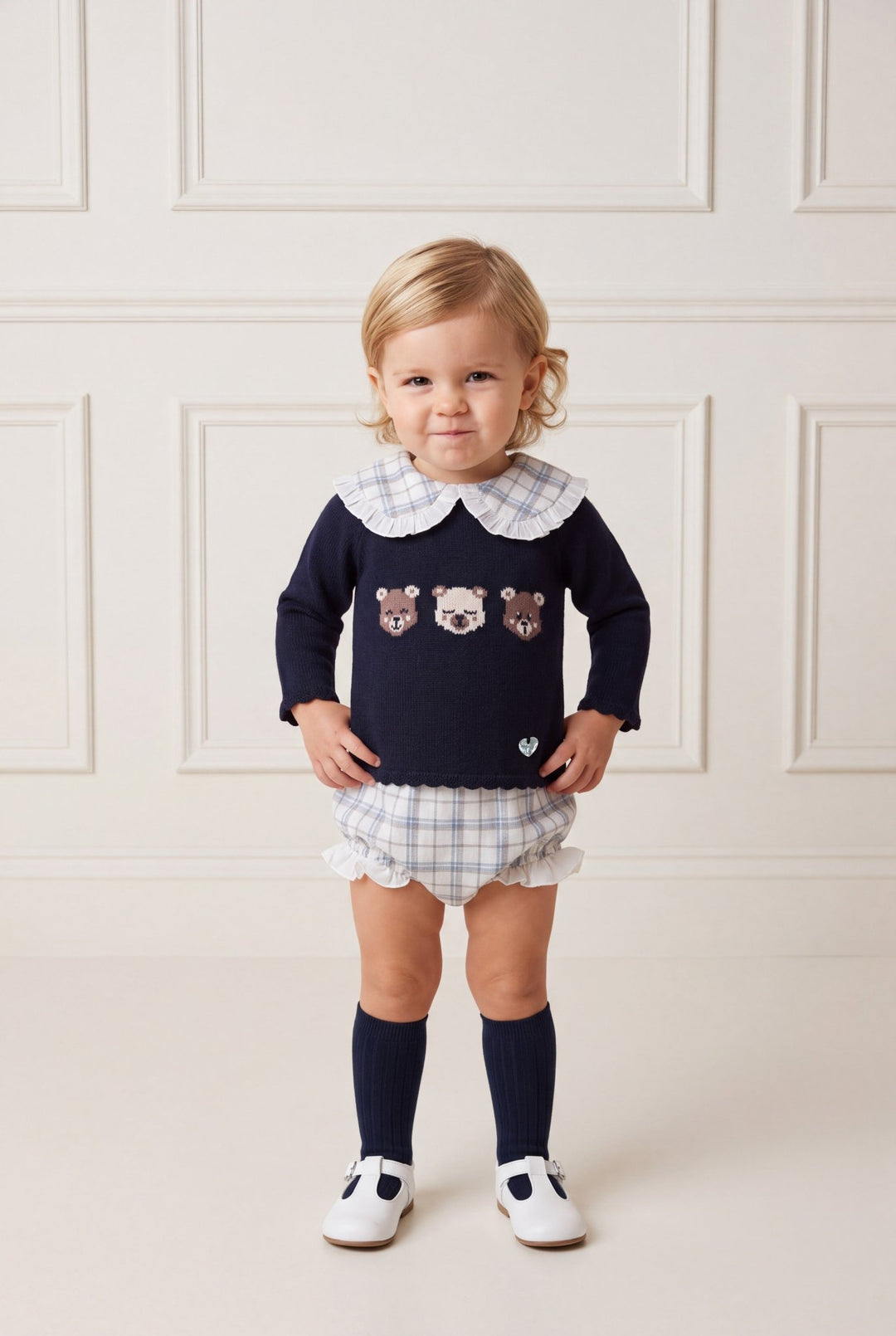 M&amp;J x Granlei "Constance" Navy Teddy Bear Knitted Top &amp; Tartan Bloomers - Millie and John