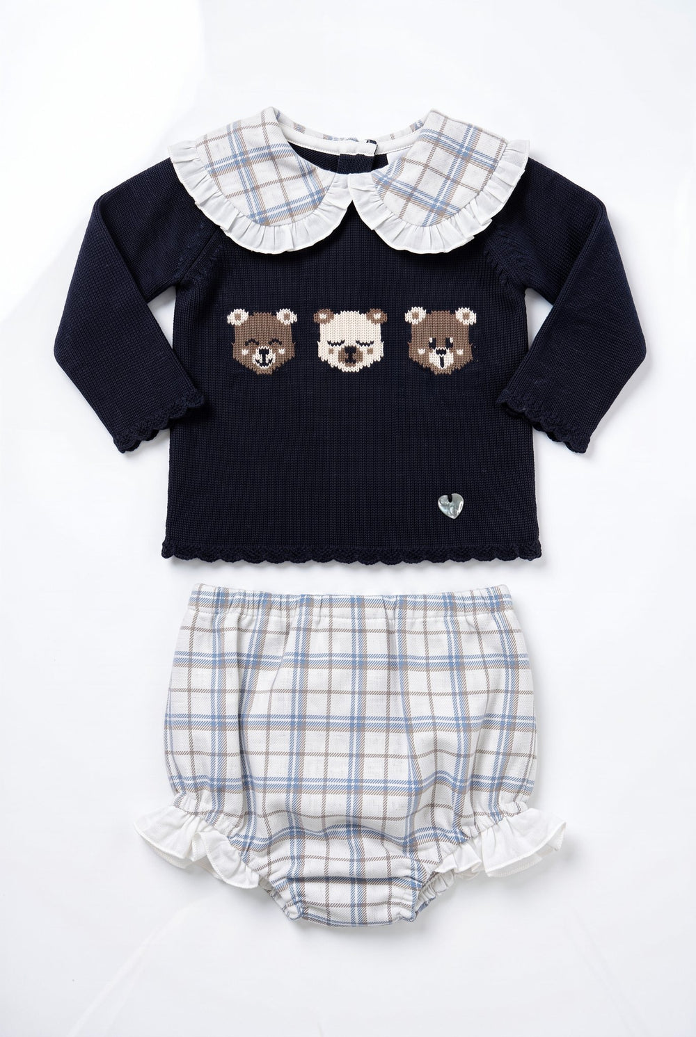 M&J x Granlei "Constance" Navy Teddy Bear Knitted Top & Tartan Bloomers - Millie and John