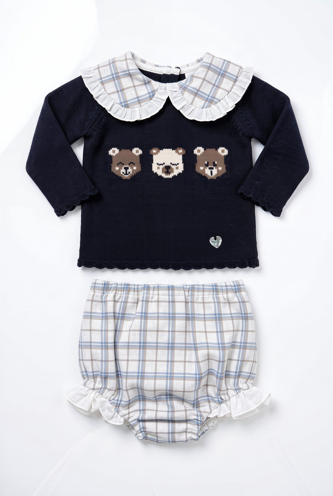 M&amp;J x Granlei "Constance" Navy Teddy Bear Knitted Top &amp; Tartan Bloomers - Millie and John