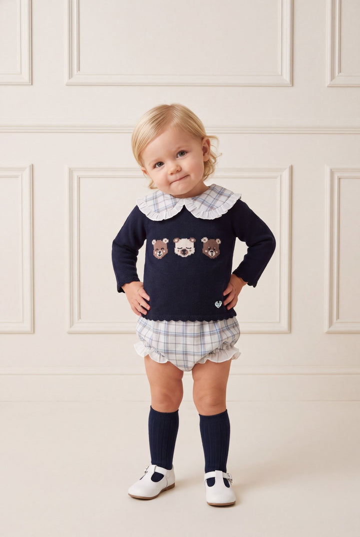 M&amp;J x Granlei "Constance" Navy Teddy Bear Knitted Top &amp; Tartan Bloomers - Millie and John