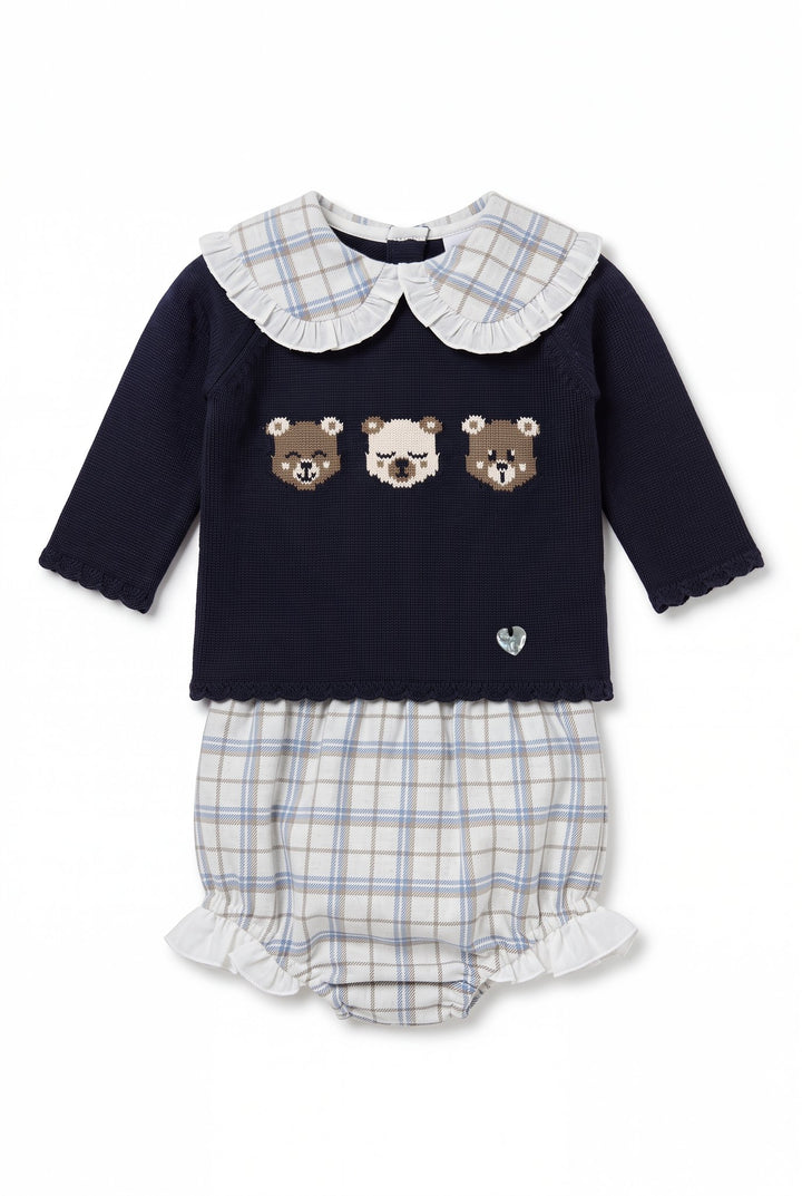 M&amp;J x Granlei "Constance" Navy Teddy Bear Knitted Top &amp; Tartan Bloomers - Millie and John