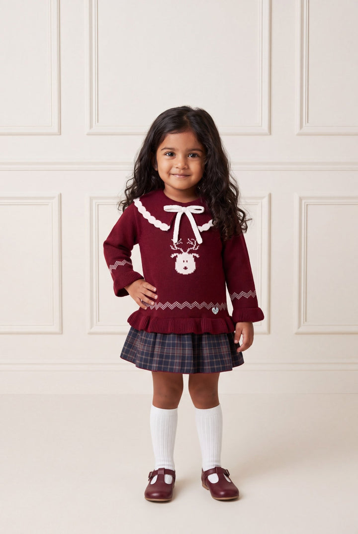 M&amp;J x Granlei "Cora" Burgundy Reindeer Knitted Top &amp; Tartan Skirted Bloomers - Millie and John