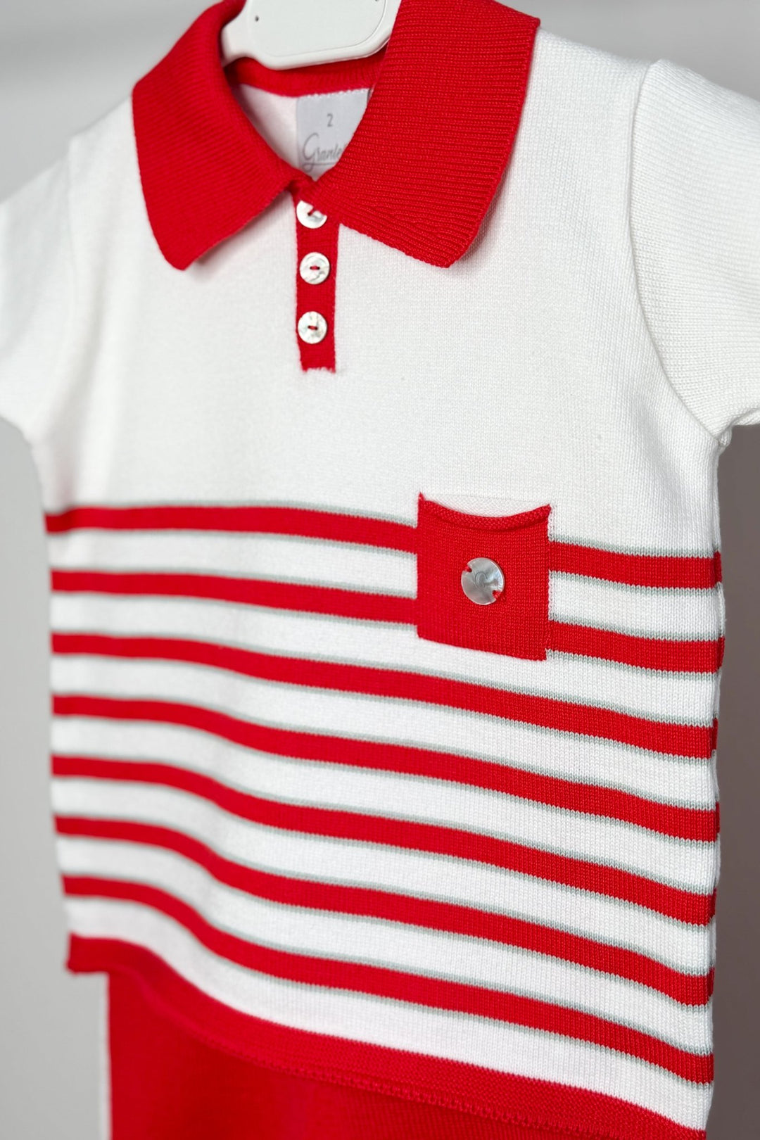 M&amp;J x Granlei "Enzo" Red, White &amp; Sage Green Stripe Knit Polo Shirt &amp; Shorts - Millie and John