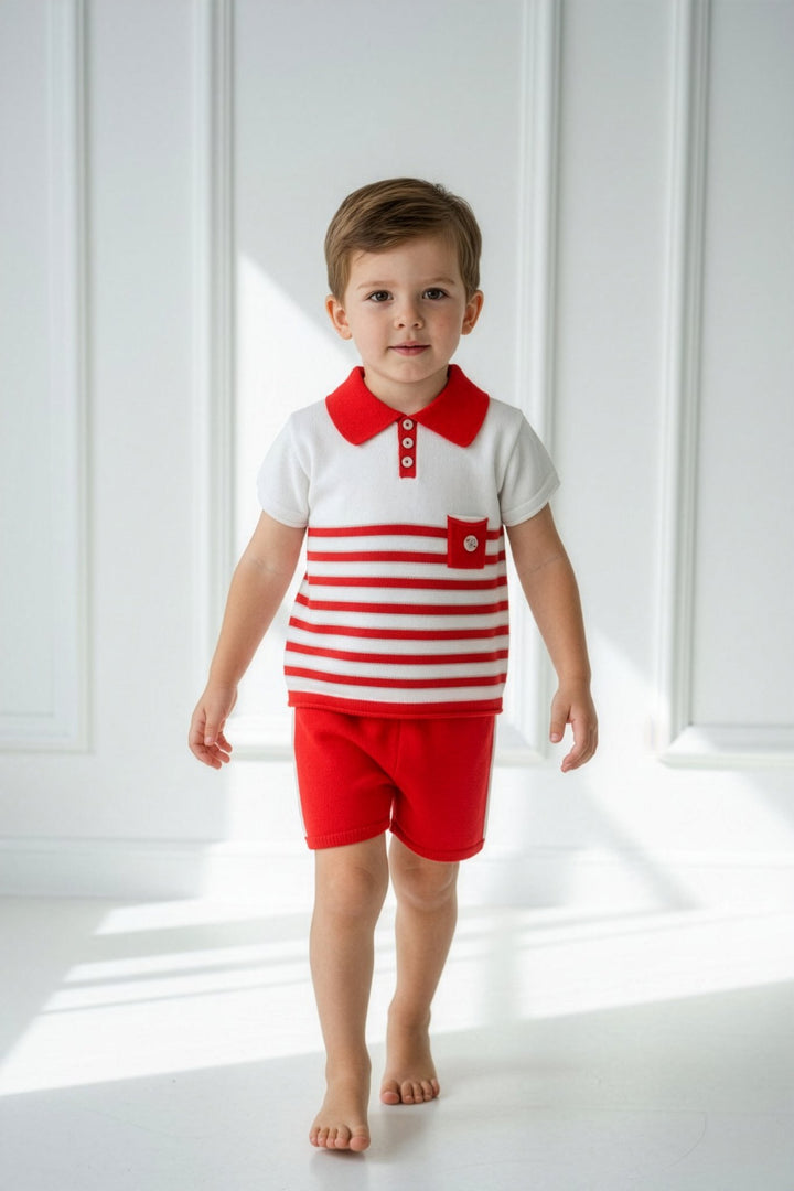 M&amp;J x Granlei "Enzo" Red, White &amp; Sage Green Stripe Knit Polo Shirt &amp; Shorts - Millie and John