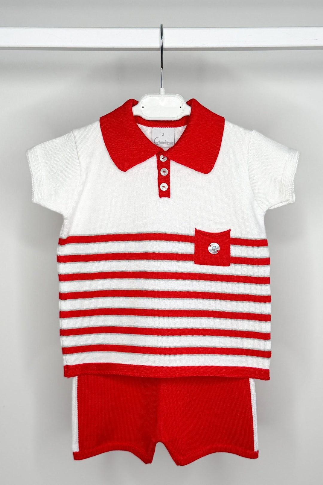 M&amp;J x Granlei "Enzo" Red, White &amp; Sage Green Stripe Knit Polo Shirt &amp; Shorts - Millie and John