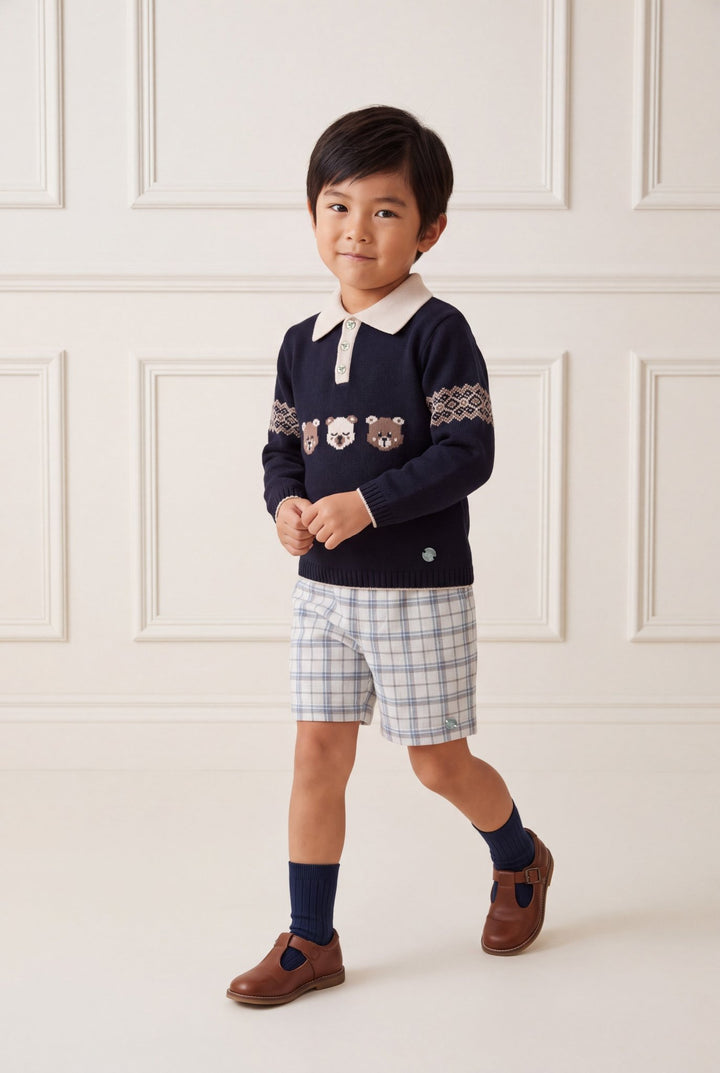 M&amp;J x Granlei "Hamish" Navy Teddy Bear Knitted Polo Shirt &amp; Tartan Shorts - Millie and John