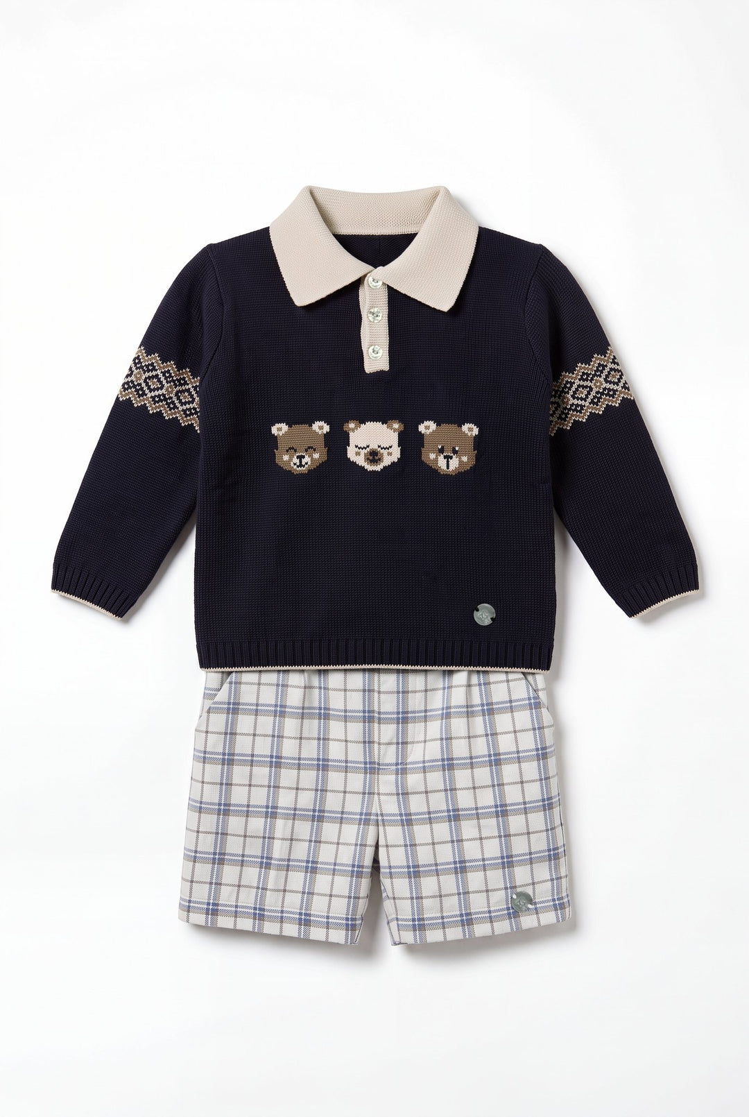 M&amp;J x Granlei "Hamish" Navy Teddy Bear Knitted Polo Shirt &amp; Tartan Shorts - Millie and John