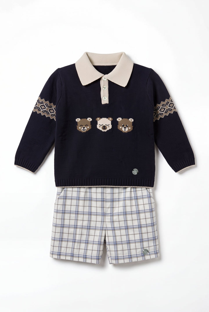 M&amp;J x Granlei "Hamish" Navy Teddy Bear Knitted Polo Shirt &amp; Tartan Shorts - Millie and John