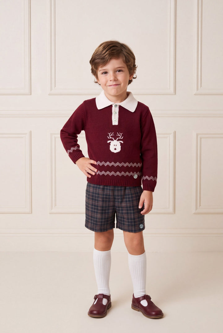 M&amp;J x Granlei "Nicholas" Burgundy Reindeer Knitted Polo Shirt &amp; Tartan Shorts - Millie and John