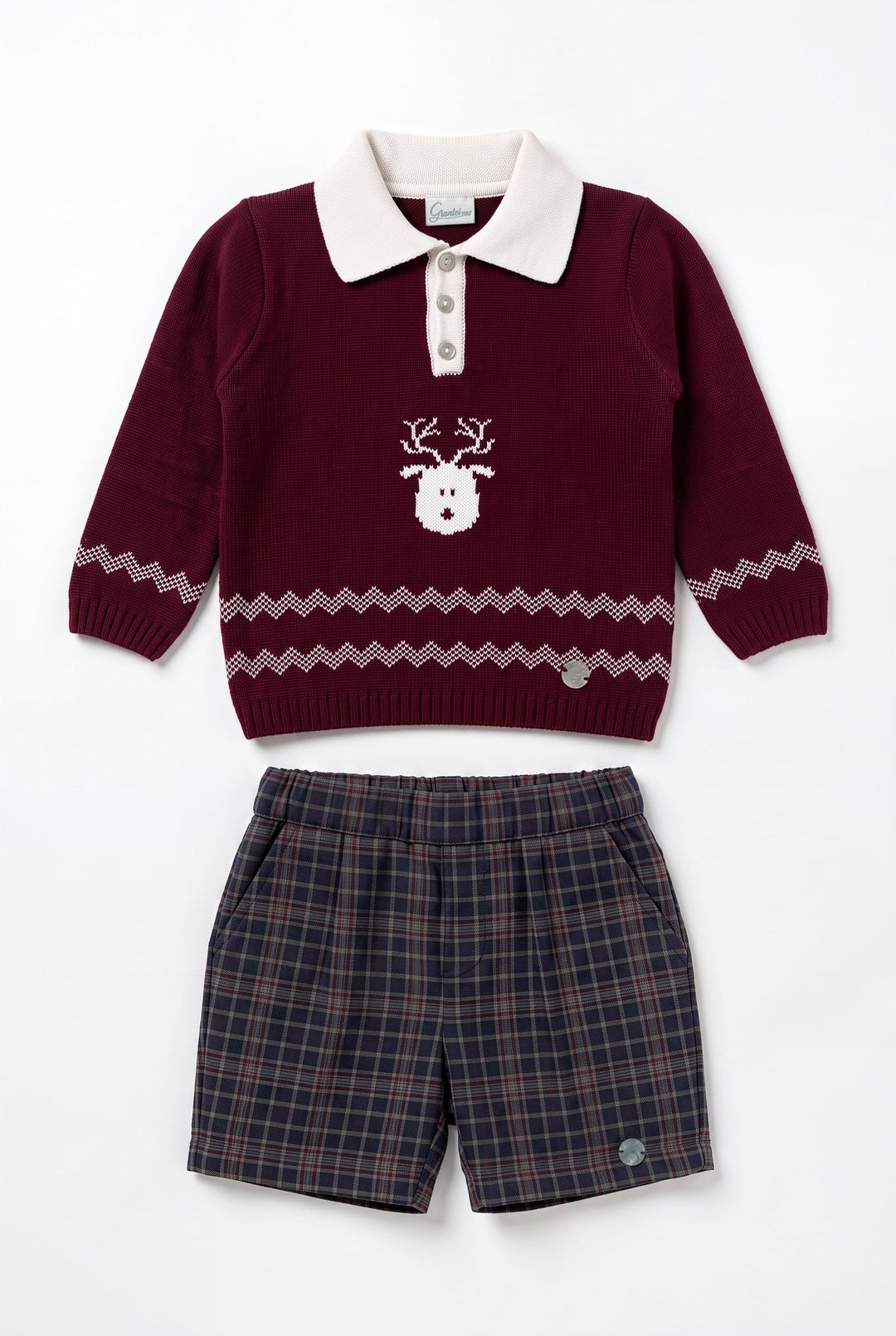 M&amp;J x Granlei "Nicholas" Burgundy Reindeer Knitted Polo Shirt &amp; Tartan Shorts - Millie and John