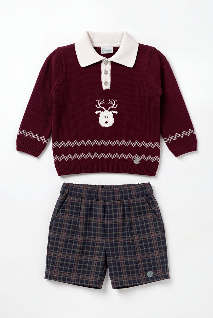 M&amp;J x Granlei "Nicholas" Burgundy Reindeer Knitted Polo Shirt &amp; Tartan Shorts - Millie and John
