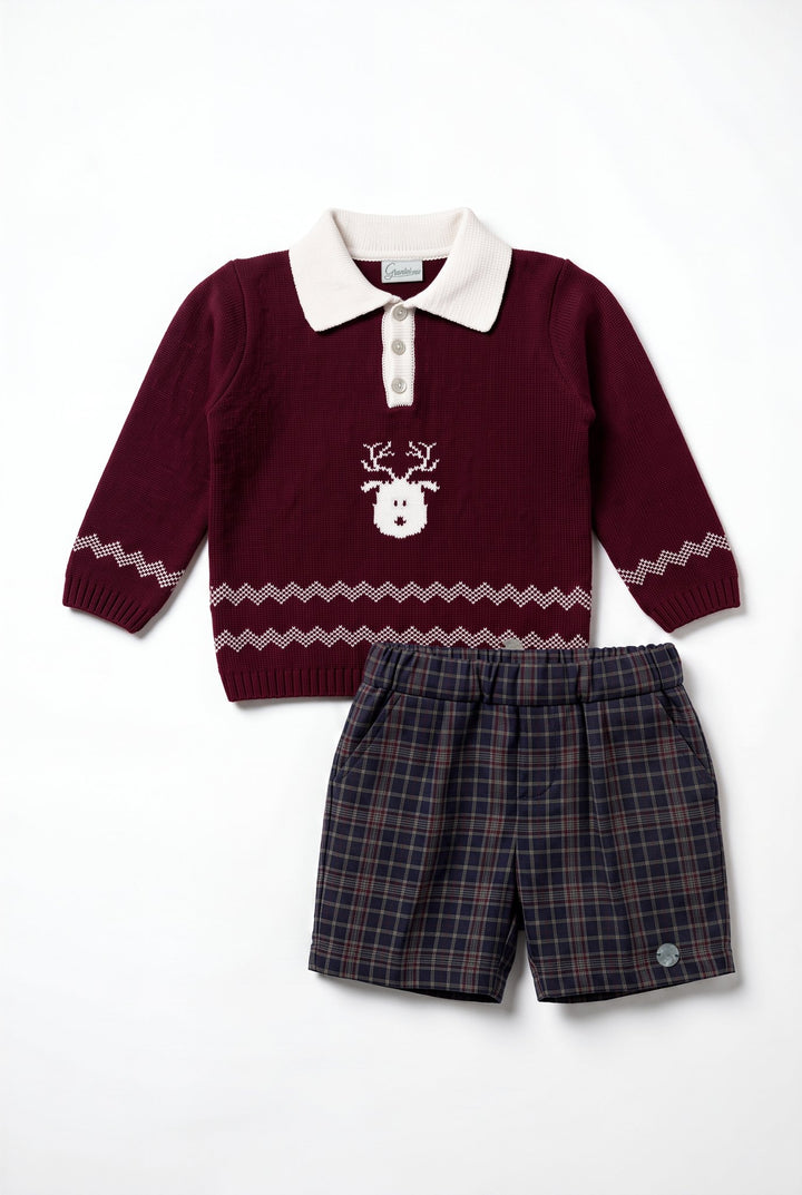 M&amp;J x Granlei "Nicholas" Burgundy Reindeer Knitted Polo Shirt &amp; Tartan Shorts - Millie and John
