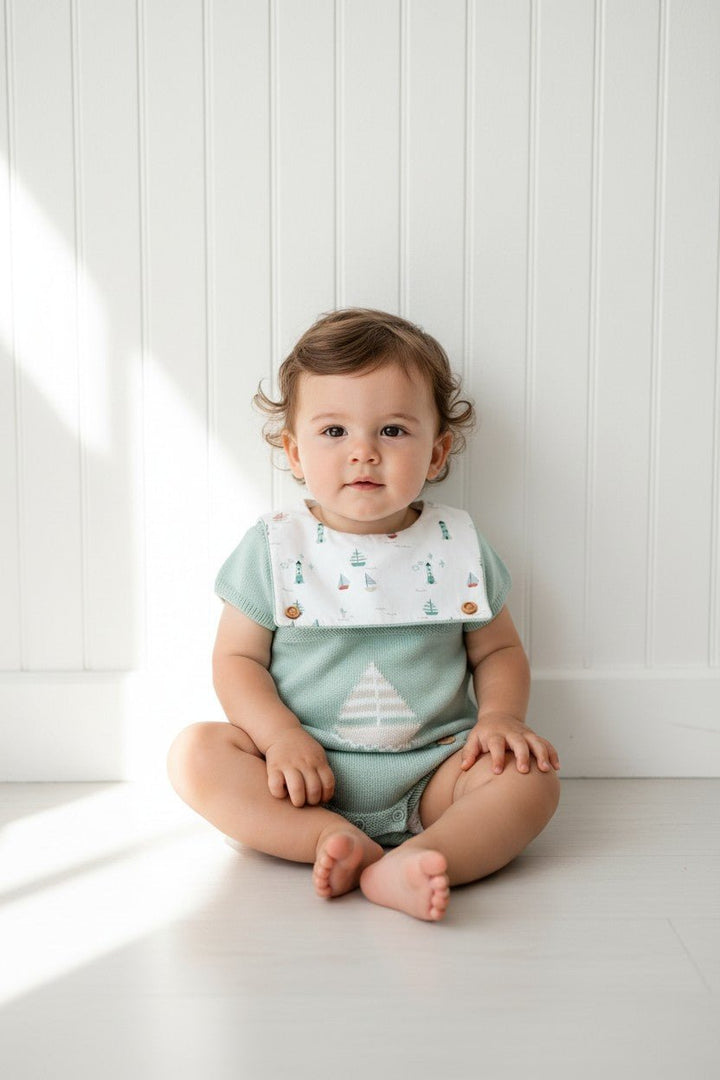 M&amp;J x Granlei "Nico" Sage Green Knit Sailboat Romper - Millie and John