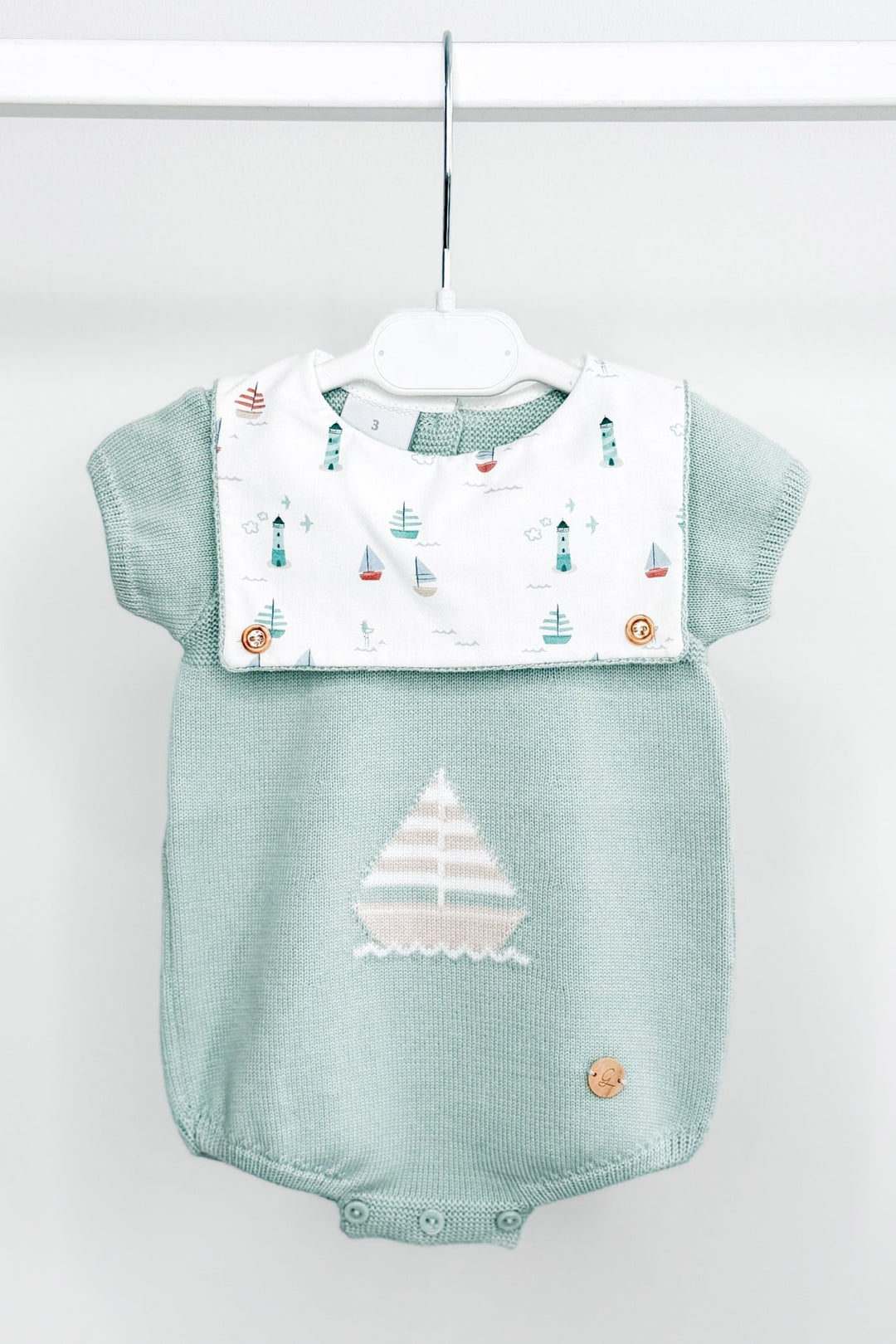 M&amp;J x Granlei "Nico" Sage Green Knit Sailboat Romper - Millie and John
