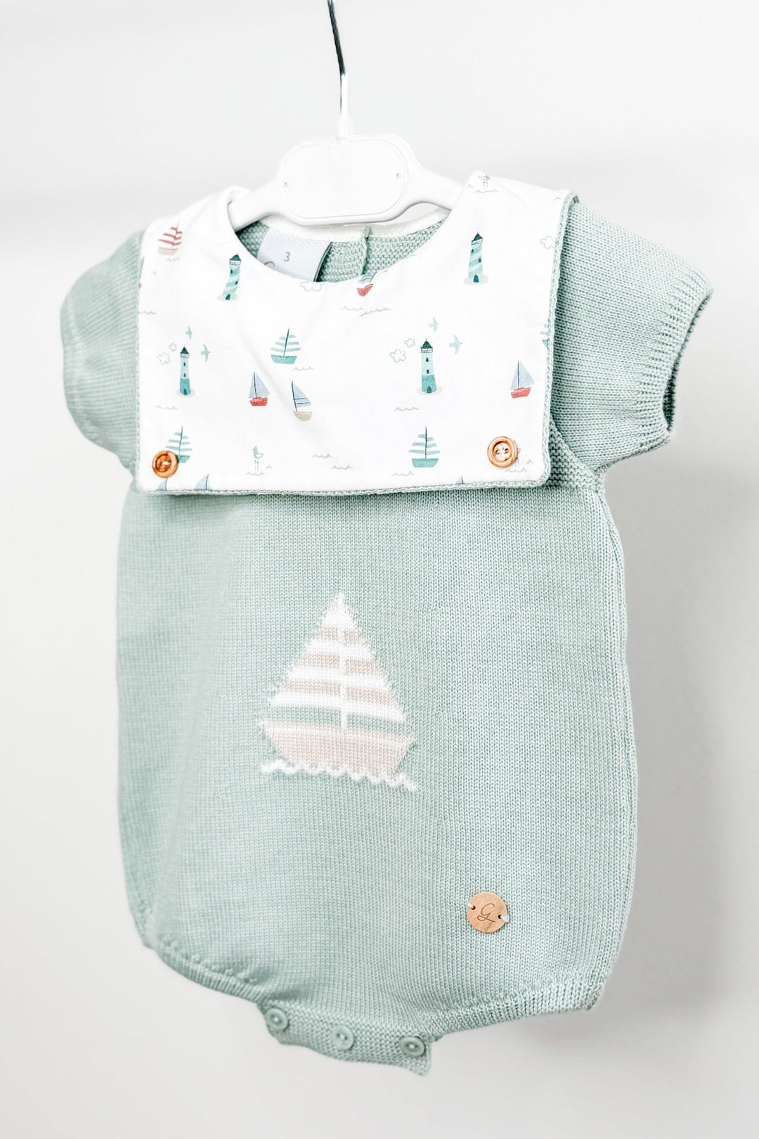 M&amp;J x Granlei "Nico" Sage Green Knit Sailboat Romper - Millie and John