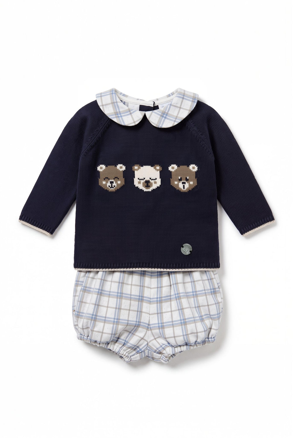 M&J x Granlei "Stanley" Navy Teddy Bear Knitted Top & Tartan Jam Pants - Millie and John