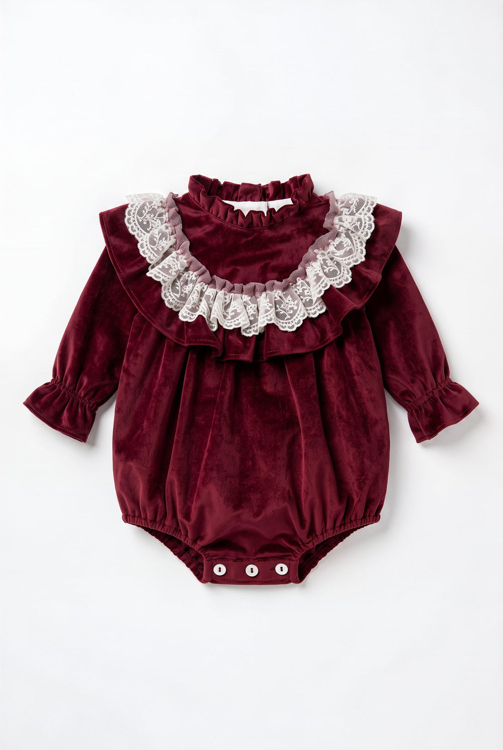 M&J x Puro Mimo "Alina" Burgundy Velvet & Lace Romper - Millie and John