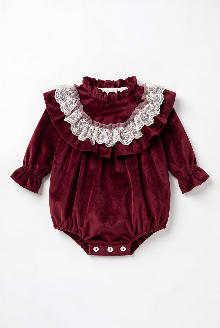 M&amp;J x Puro Mimo "Alina" Burgundy Velvet &amp; Lace Romper - Millie and John