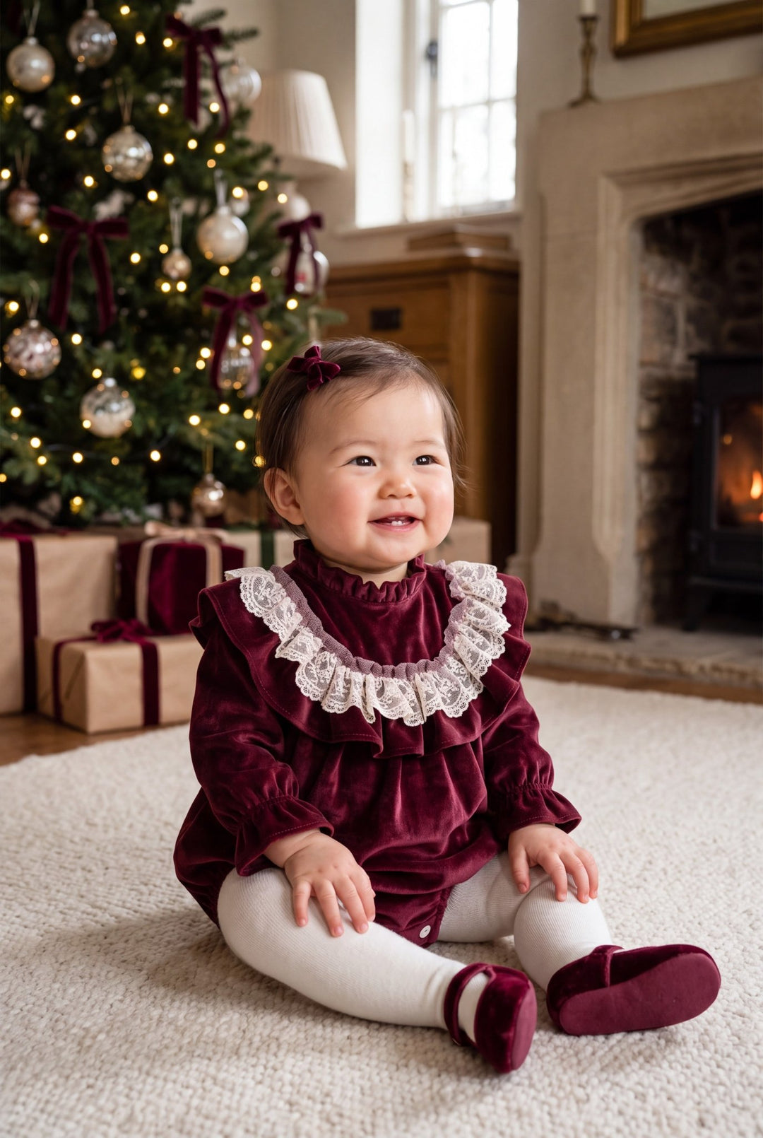 M&amp;J x Puro Mimo "Alina" Burgundy Velvet &amp; Lace Romper - Millie and John