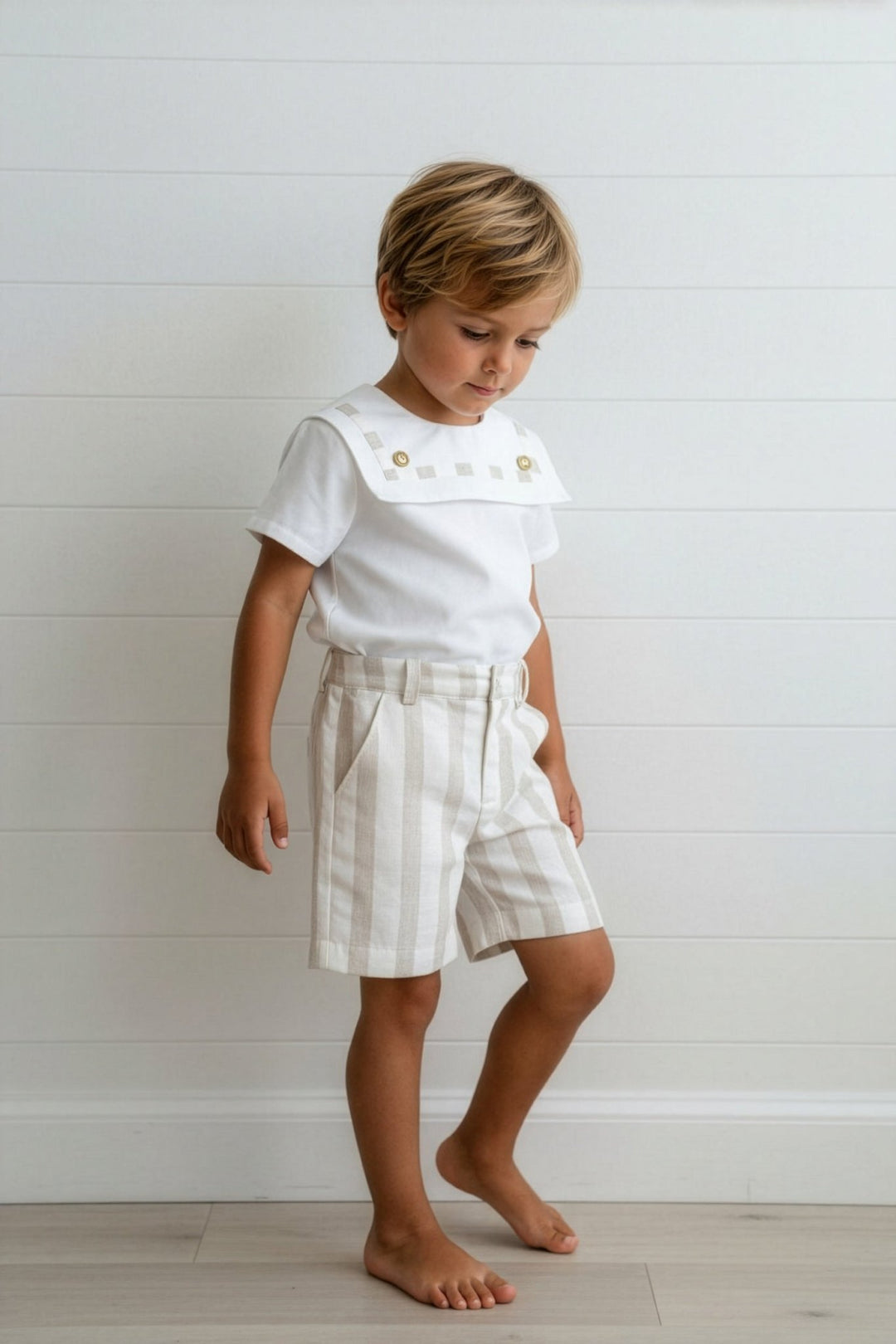 M&J x Puro Mimo "Archie" Beige Stripe Sailor Shirt & Shorts - Millie and John