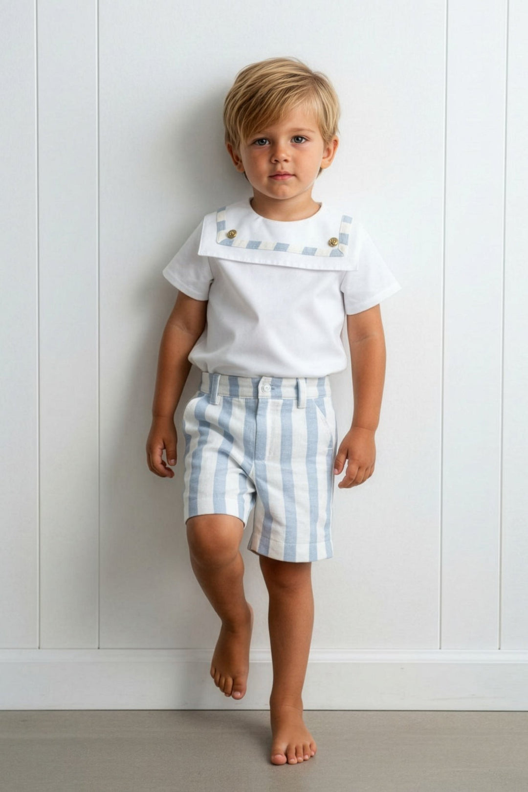 M&J x Puro Mimo "Archie" Blue Stripe Sailor Shirt & Shorts - Millie and John