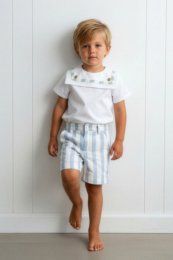 M&amp;J x Puro Mimo "Archie" Blue Stripe Sailor Shirt &amp; Shorts - Millie and John
