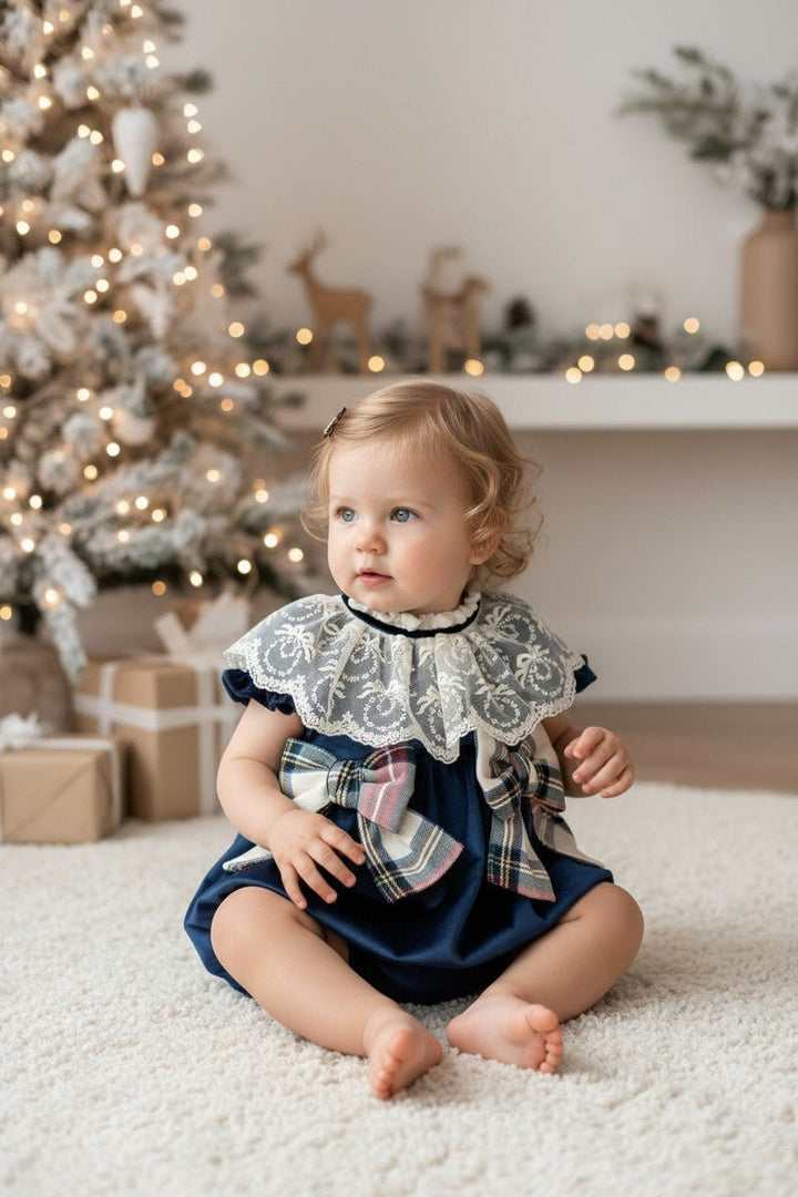 M&amp;J x Puro Mimo "Arianna" Midnight Blue Velvet Tartan Romper - Millie and John