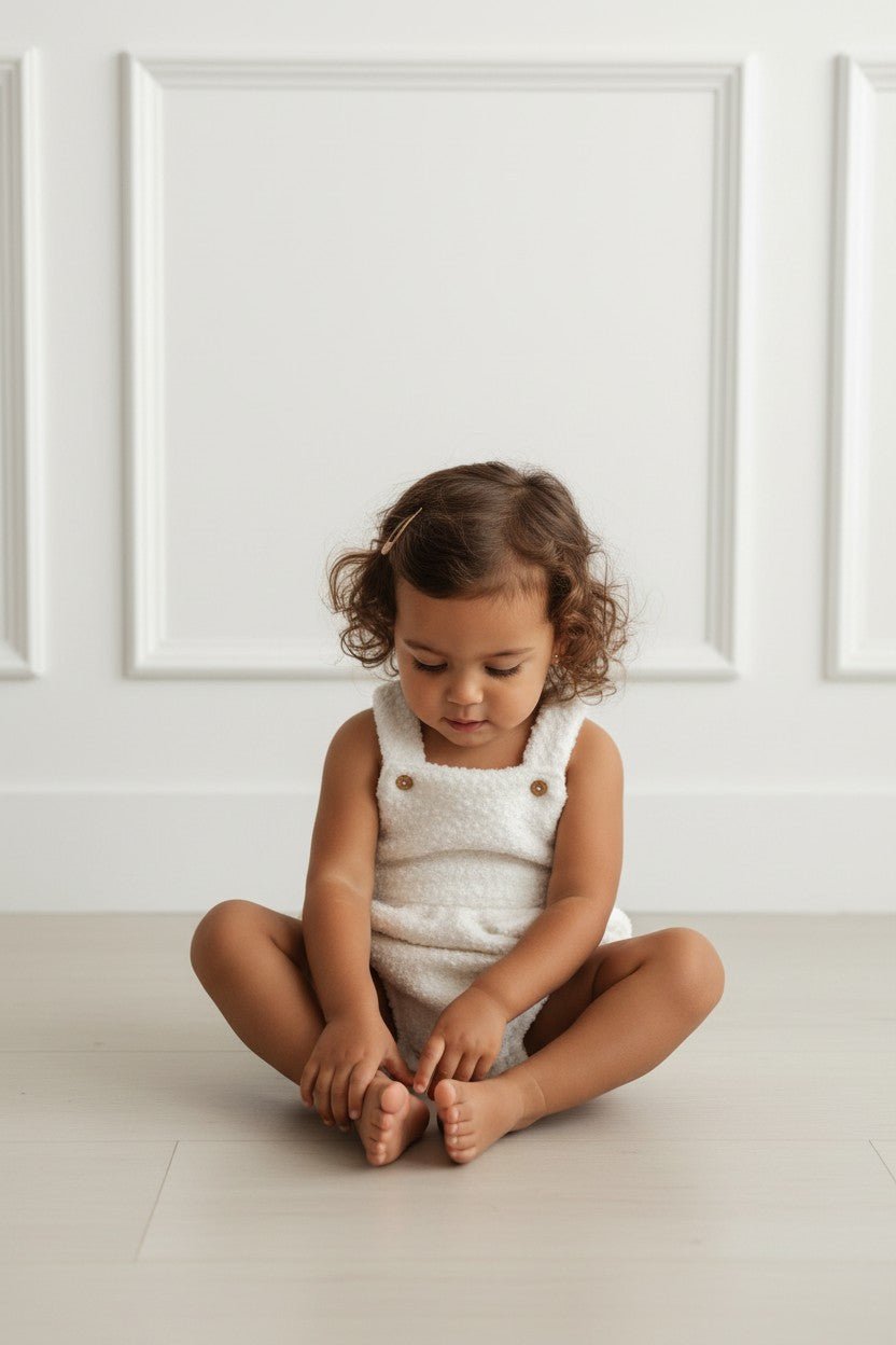 M&J x Puro Mimo "Carey" Ivory Bouclé Dungaree Romper - Millie and John