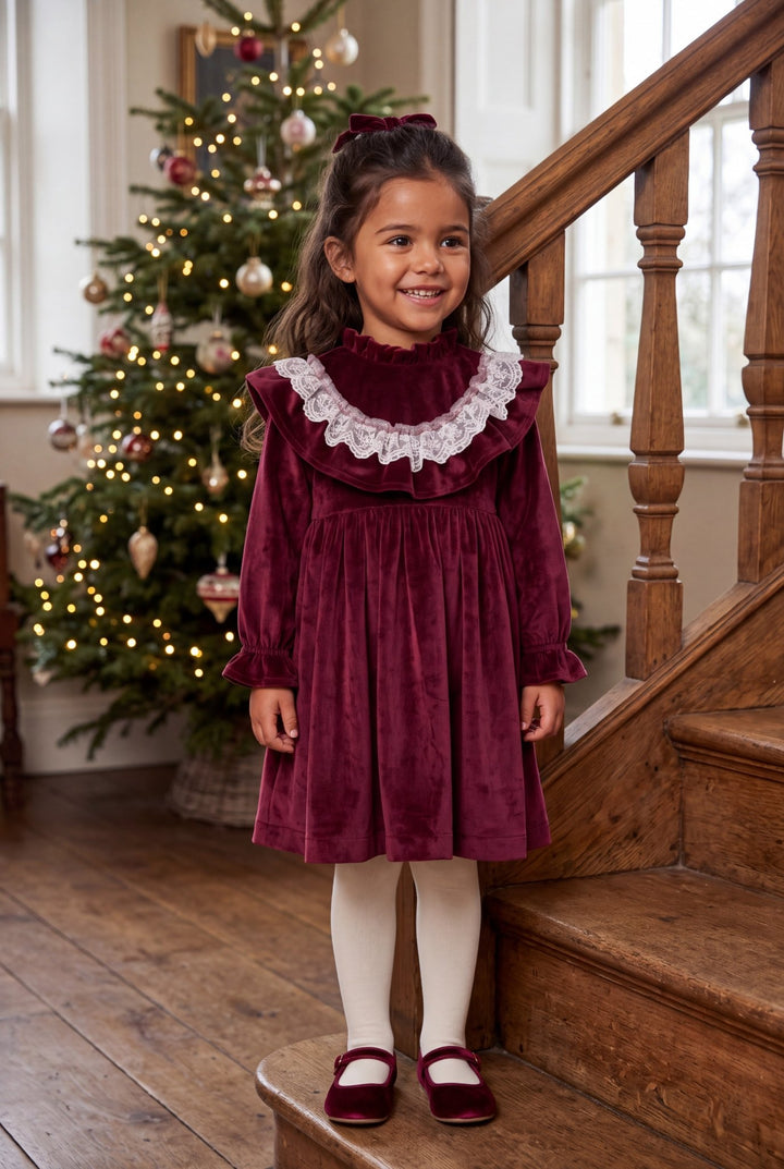 M&amp;J x Puro Mimo "Genevieve" Burgundy Velvet &amp; Lace Dress - Millie and John