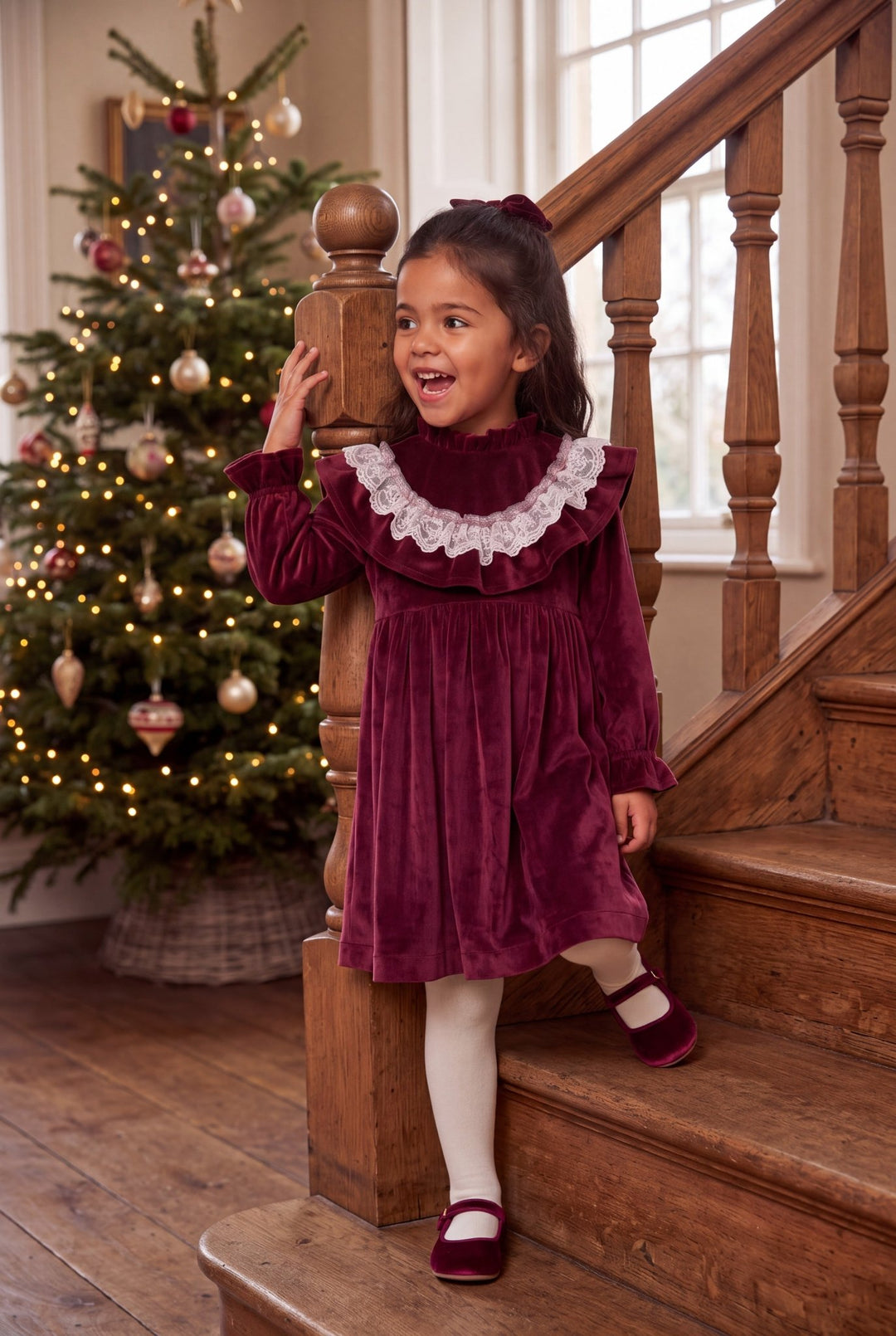M&amp;J x Puro Mimo "Genevieve" Burgundy Velvet &amp; Lace Dress - Millie and John