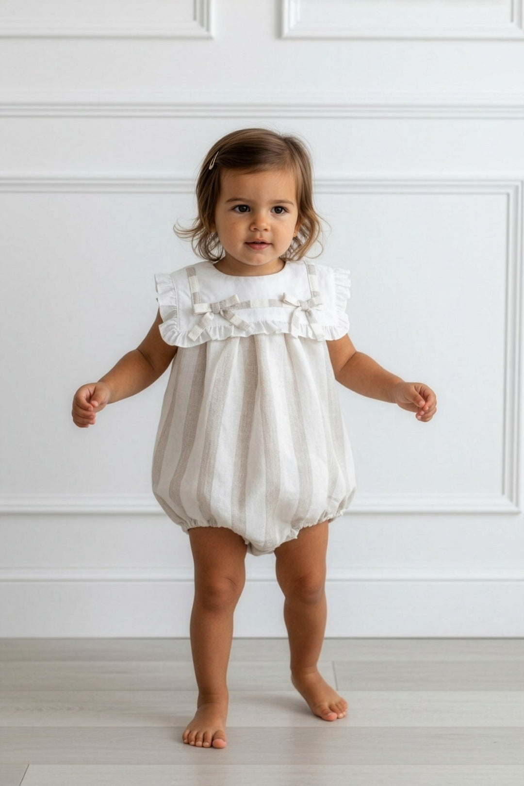 M&J x Puro Mimo "Isabella" Beige Stripe Romper - Millie and John