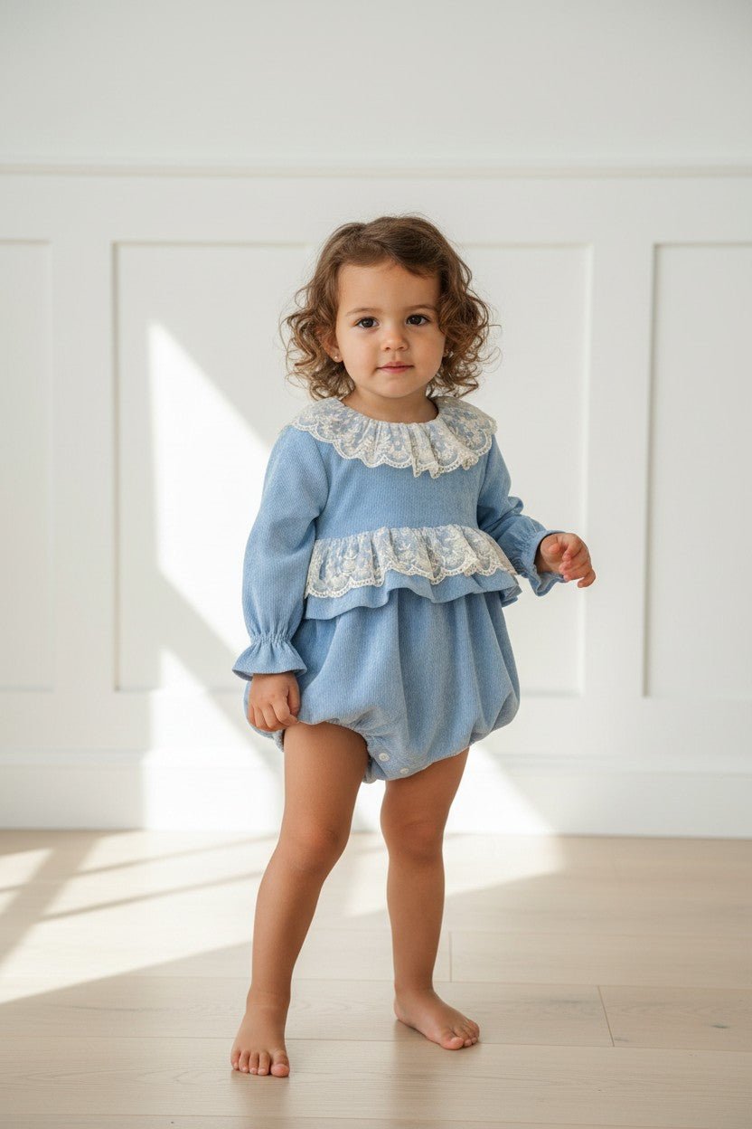 M&J x Puro Mimo "Lucinda" Powder Blue Needlecord Lace Romper - Millie and John